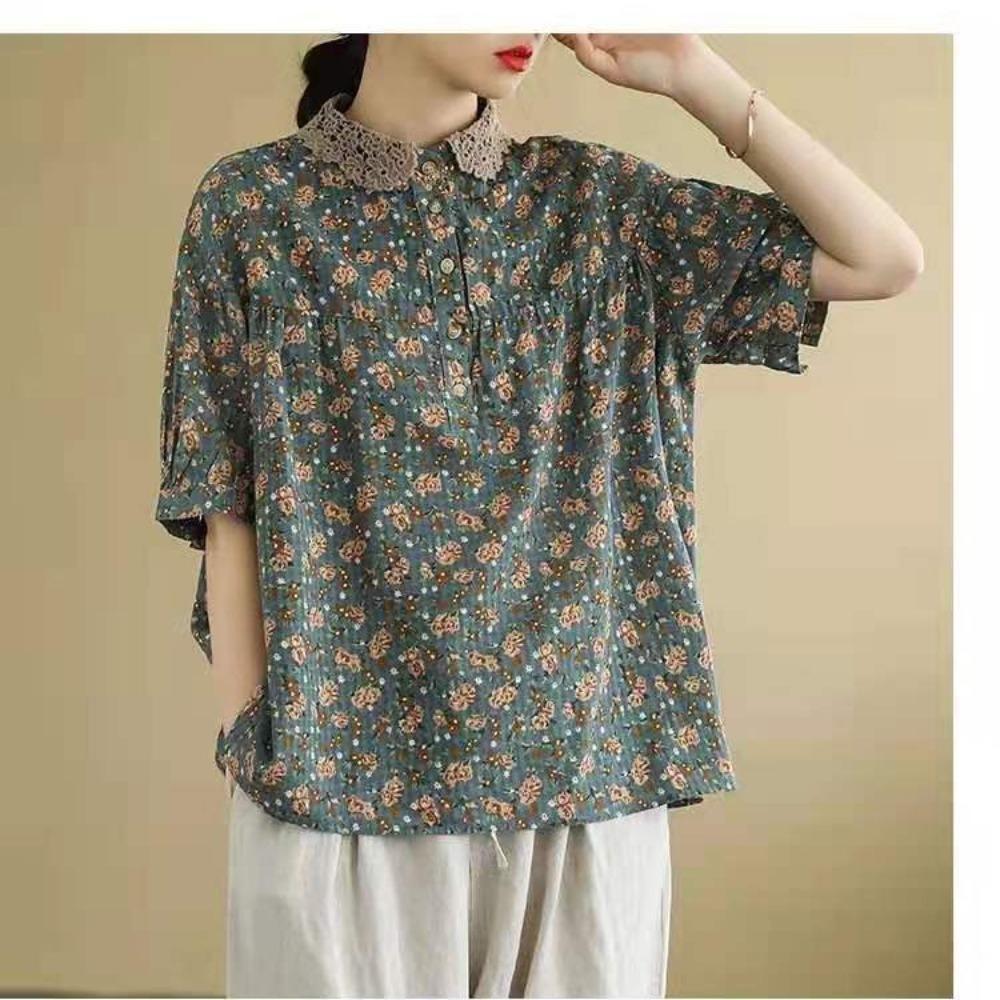 Women's Peter Pan Collar Short Sleeve Blouse Loose Fit Vintage Floral Print Cotton Linen Casual Top