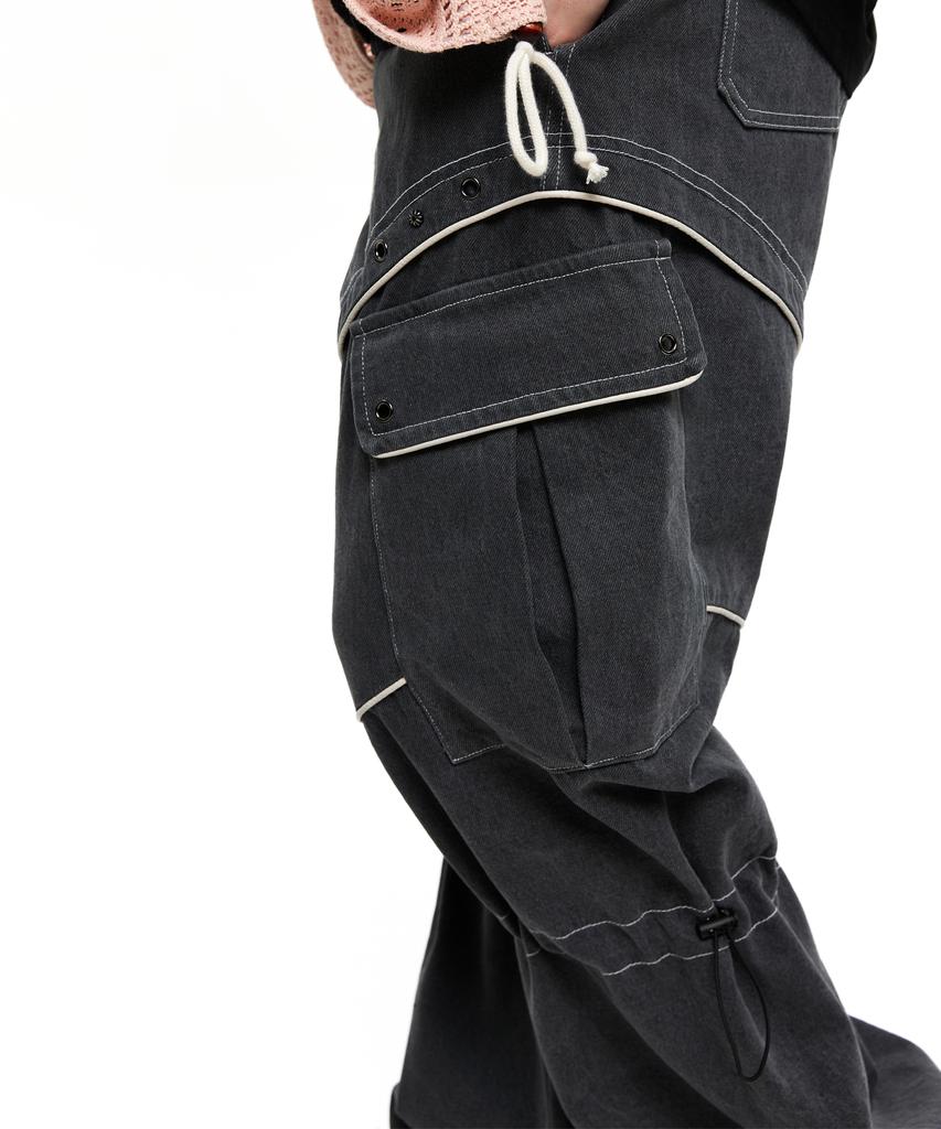 Aleseuseussi Knee String Cargo Denim Pants - Gray