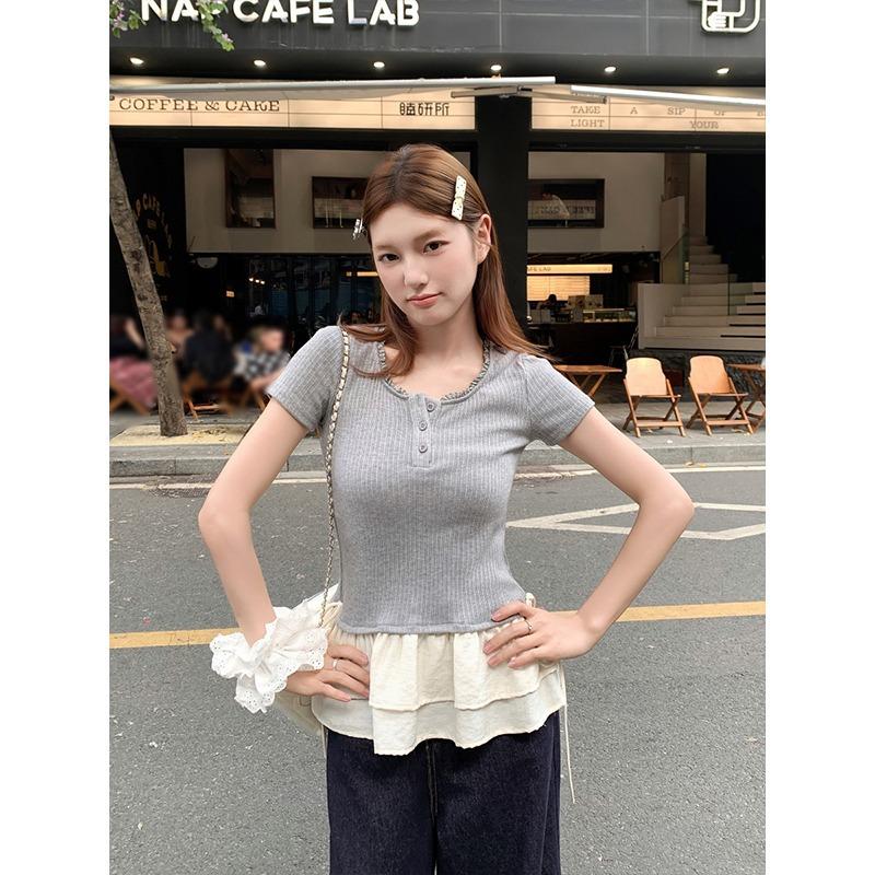 Summer lace splicing under the shoulder covering meat and thin top ins sweet versatile bottom short-sleeved T-shirt women