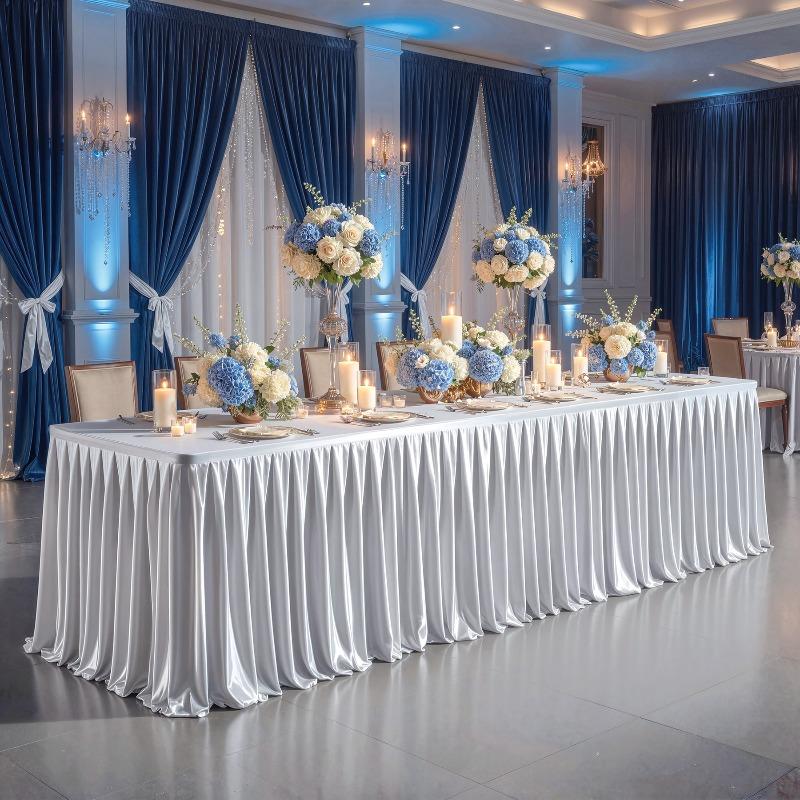 Satin Pleated Table Skirt 4/6/8FT Tablecloth for Wedding Banquet Conference Party Stage Decoration Rectangular Table Cover