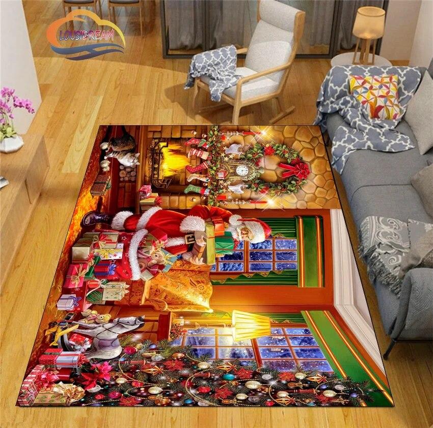 Christmas Rug Santa Playroom and Bedroom Plush Carpet Non-slip Soft Play Mat Bed Area Rug Parlor Decor