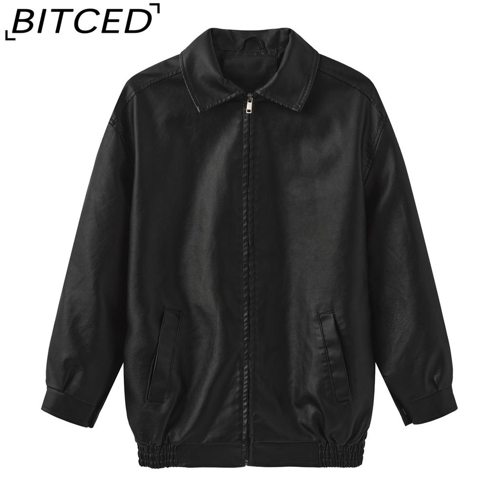 BITCED Fashionable Oversized Leather Jacket for Women Long-Sleeve Collared Spring/Fall Coat