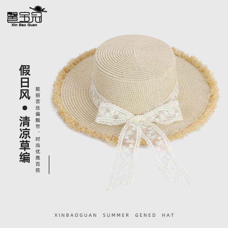 Sweet bow straw hat summer seaside vacation sun hat big brim straw visor children