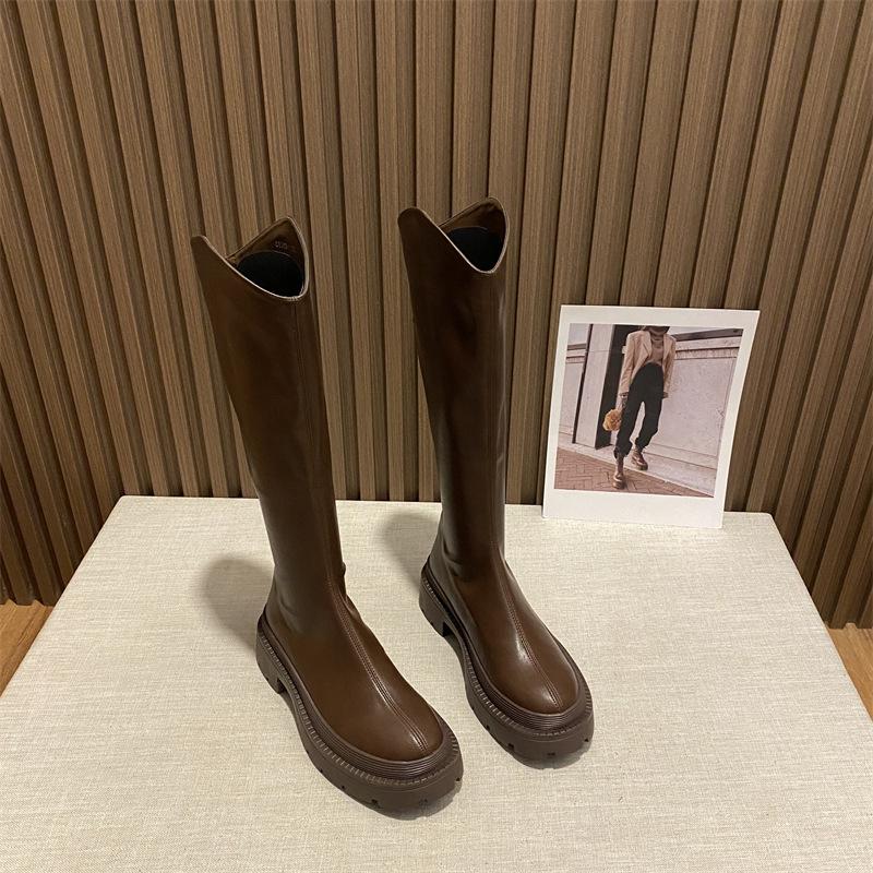 Women's autumn and winter new long boots, thick-soled long boots, high boots, women's middle heel but knee leather boots, velvet