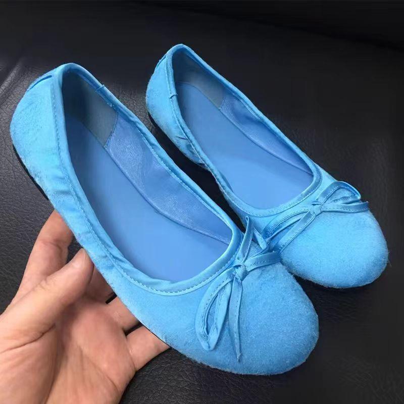 Paris Silk Bow Ballet Shoes Women's Round Head Light Mouth Flat Bottom One Pedal Soft Sole Silver Mary Jane Single Shoes