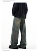 Autumn American Trend: Men's Loose Retro Yellow Mud-Dyed Straight Jeans, Washed & Distressed Wide-Leg Style