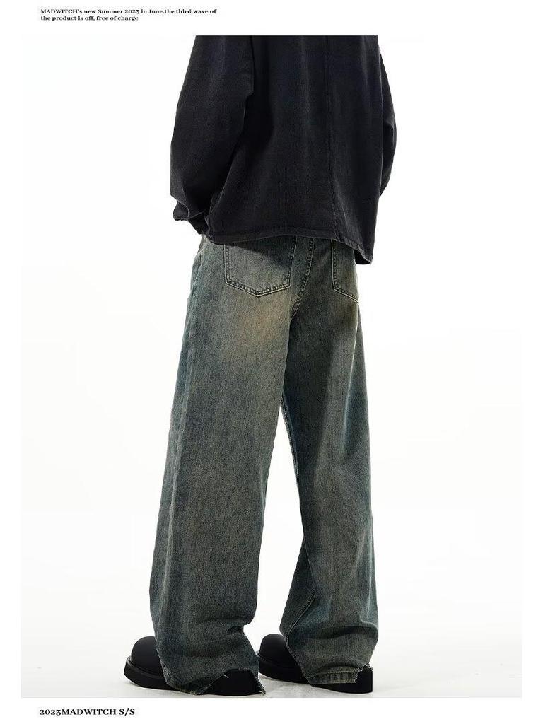 Autumn American Trend: Men's Loose Retro Yellow Mud-Dyed Straight Jeans, Washed & Distressed Wide-Leg Style