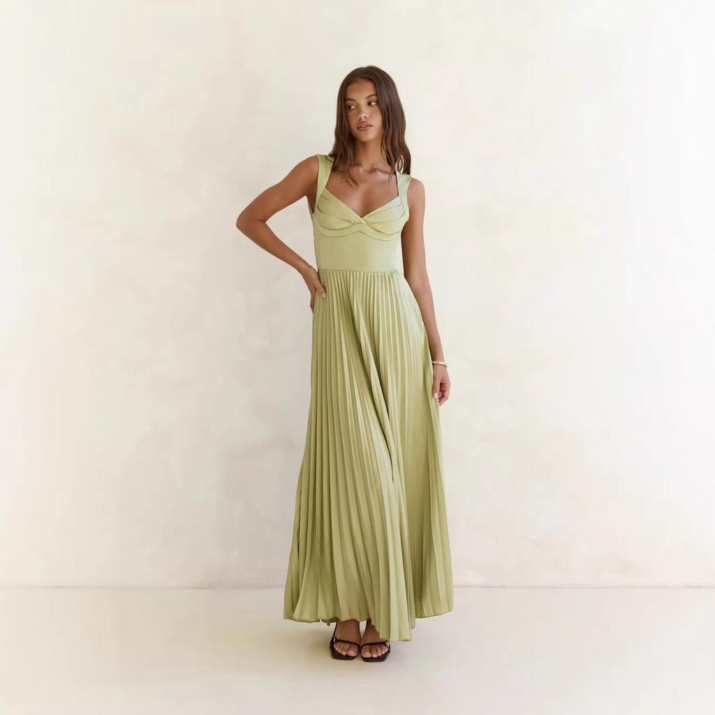 Spring and Summer, Europe and The United States New Solid Color Pleated Suspender Mid-waist Fashion Temperament Pendulum Dress 116
