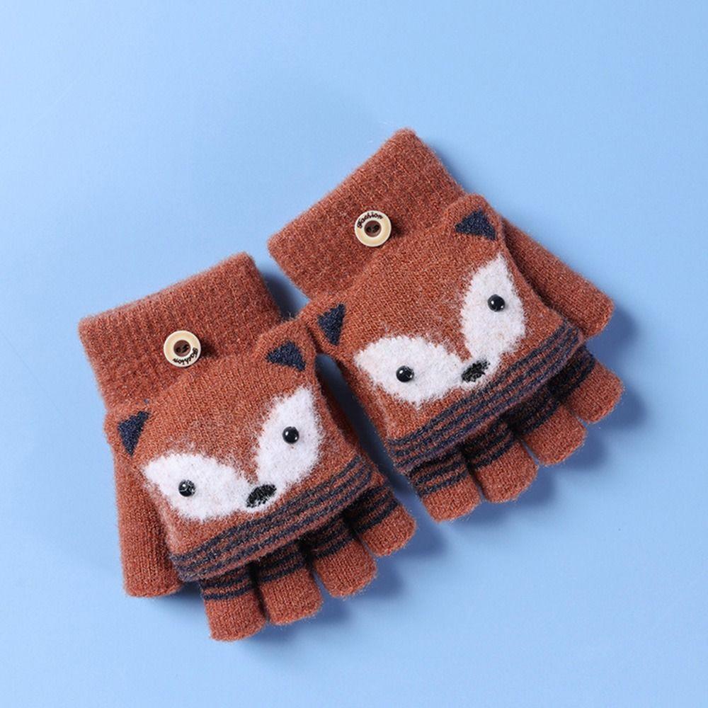 Autumn Winter Children Knitted Gloves Flip Fingerless Gloves Cute Cartoon Fox Warm Half-Finger Gloves