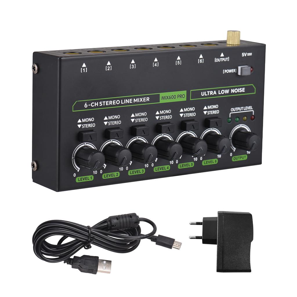 6-Channel Audio Mixer Mini Audio Mixer Stereo Mono Switching 6.35mm TRS/TS Input Metal Shell Type-C