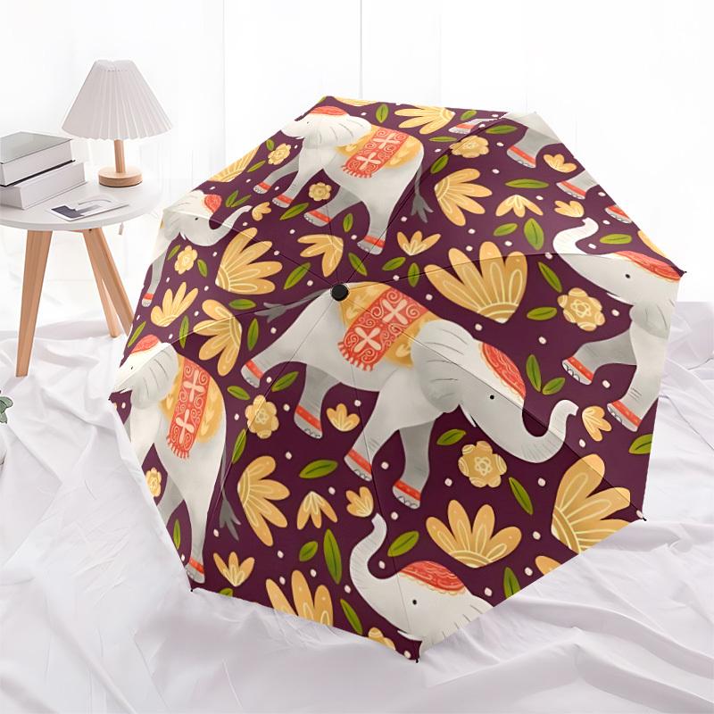 1pc Elephant Floral Automatic Umbrella - 8-Rib Portable Folding Black Iron Frame for Outdoor, Beach, Travel, Beach Umbrella,017