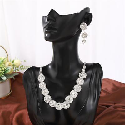 Joias de Noiva Diamante Brilhante Geométrico Redondo Colar Brincos Conjunto de Joias