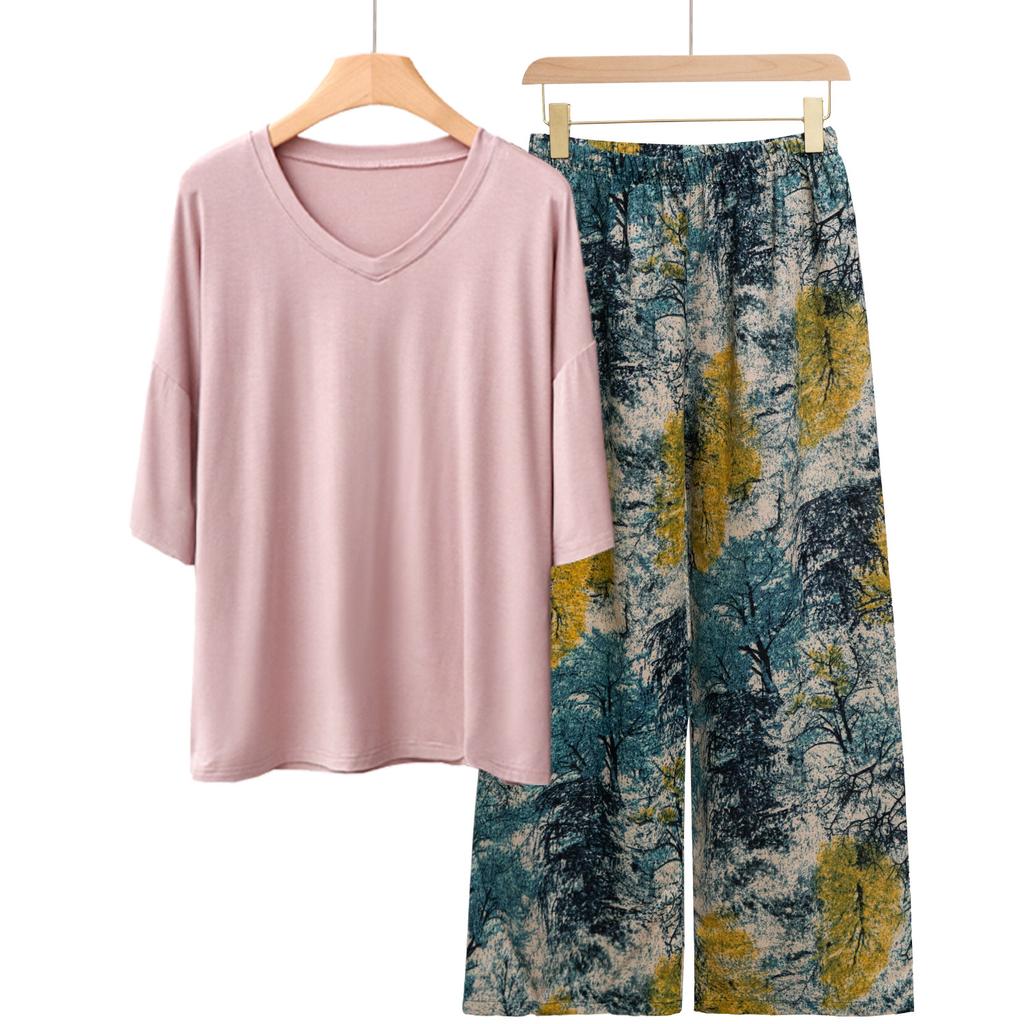 Pajamas Women's Spring and Summer New V-neck Short-sleeved Cotton and Linen Pants European and American Large-size Loungewear Two-piece Set