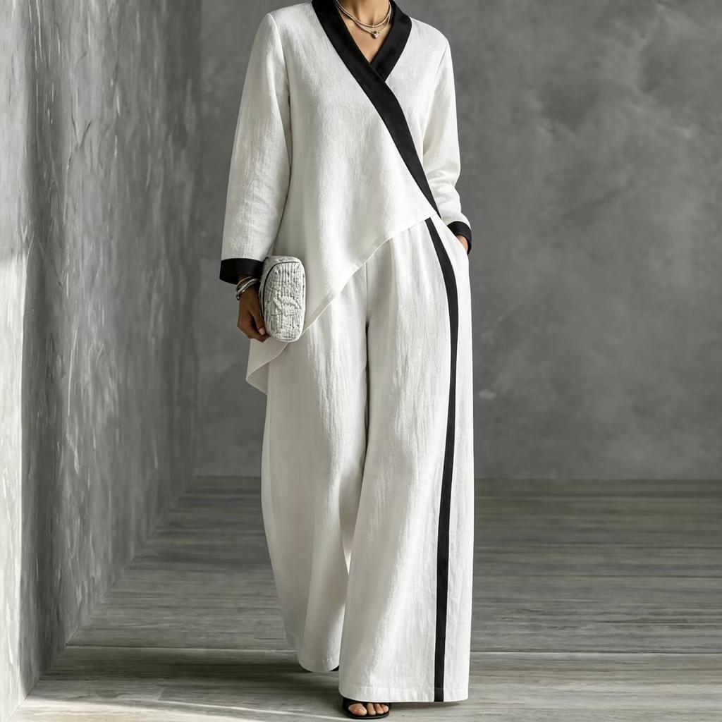 2026 Autumn Women's Clothing Popular Contrasting Color V-neck Irregular Top Wide-leg Pants Loose Casual Suit