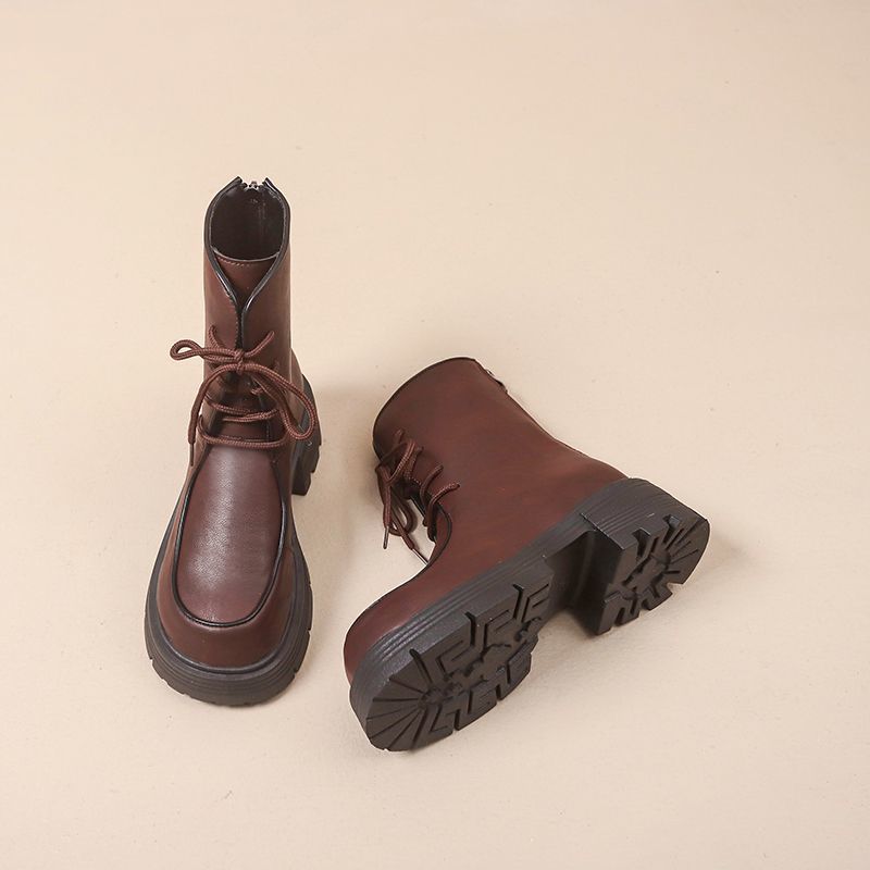 Small Thick-soled Heightened Lace-up Round Head Thick Heel Martin Boots Women's British Style Retro Women's Medium Boots 2025