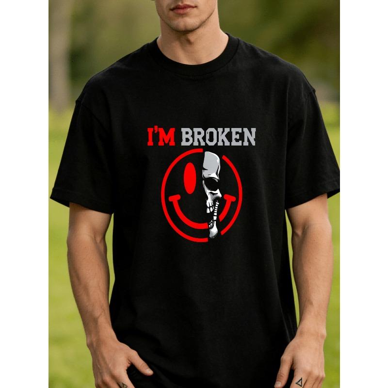 Plus Size Men'S Sports T-Shirts, Soft Breathable Casual Tees, I'M Broken with Smile And Skull Graphic, Edgy And Humorous Design, Comfortable