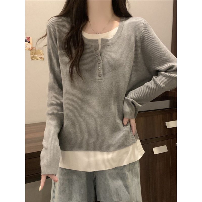 Glutinous Belly Covering Fake Two Pieces Sweaters Knitwear Women's Fall and Winter New Arrival Fat Sister Loose Slimming Long Sleeves Bottoming Shirt