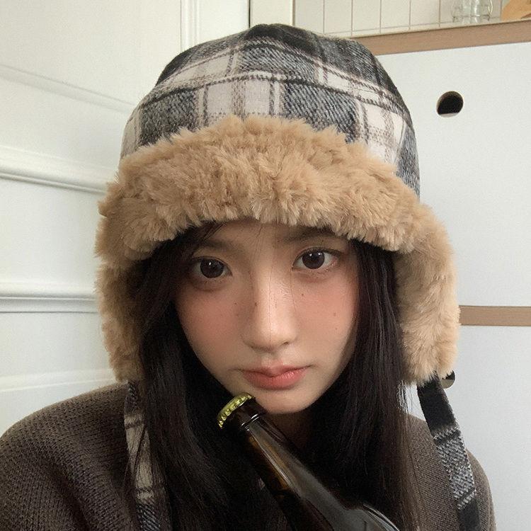 

WTEMPO Retro Plaid Printed Women s Autumn Winter Retro Hats Solid Color Casual Versatile Warm Ear Protection Plush Inner Hats 1pc чёрный