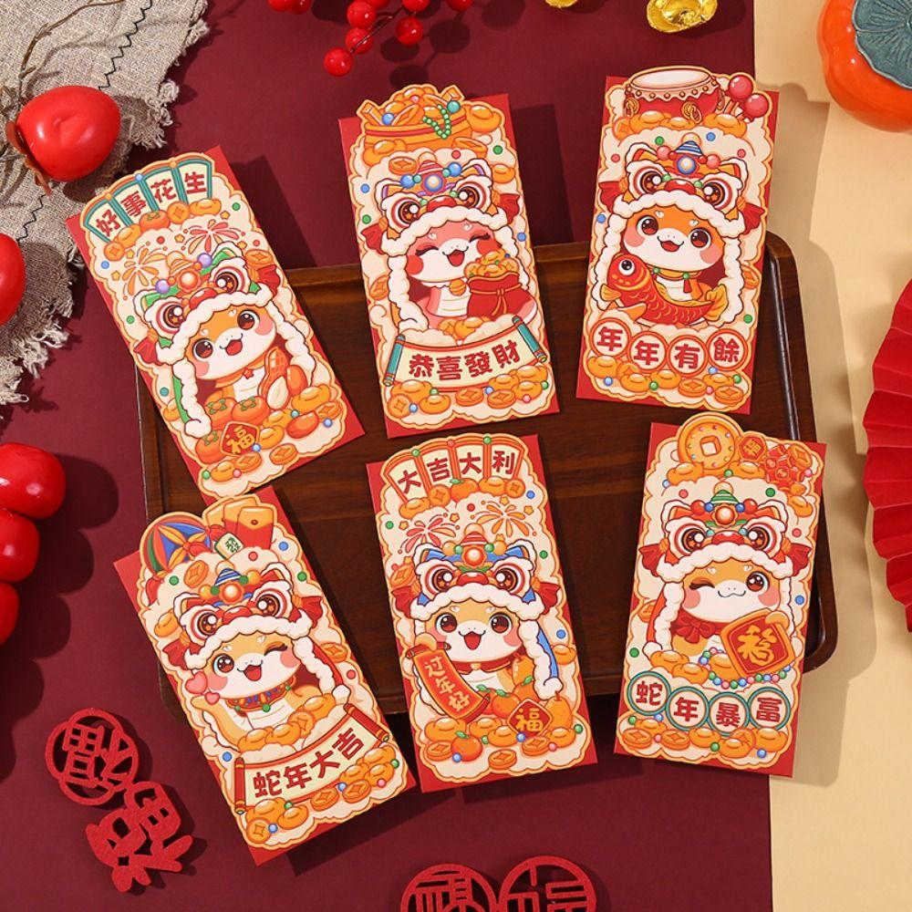 6pcs Traditional 2025 Snake Year Red Envelopes Cartoon Good Lucky Red Packets  Lunar New Year Gifts