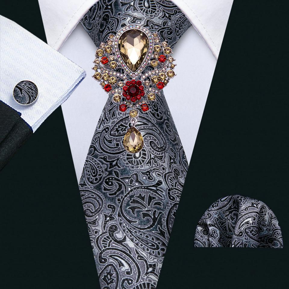 Barry.Wang Cravate pentru bărbați cu broșă Paisley Jacquard Set de cravate formale din mătase