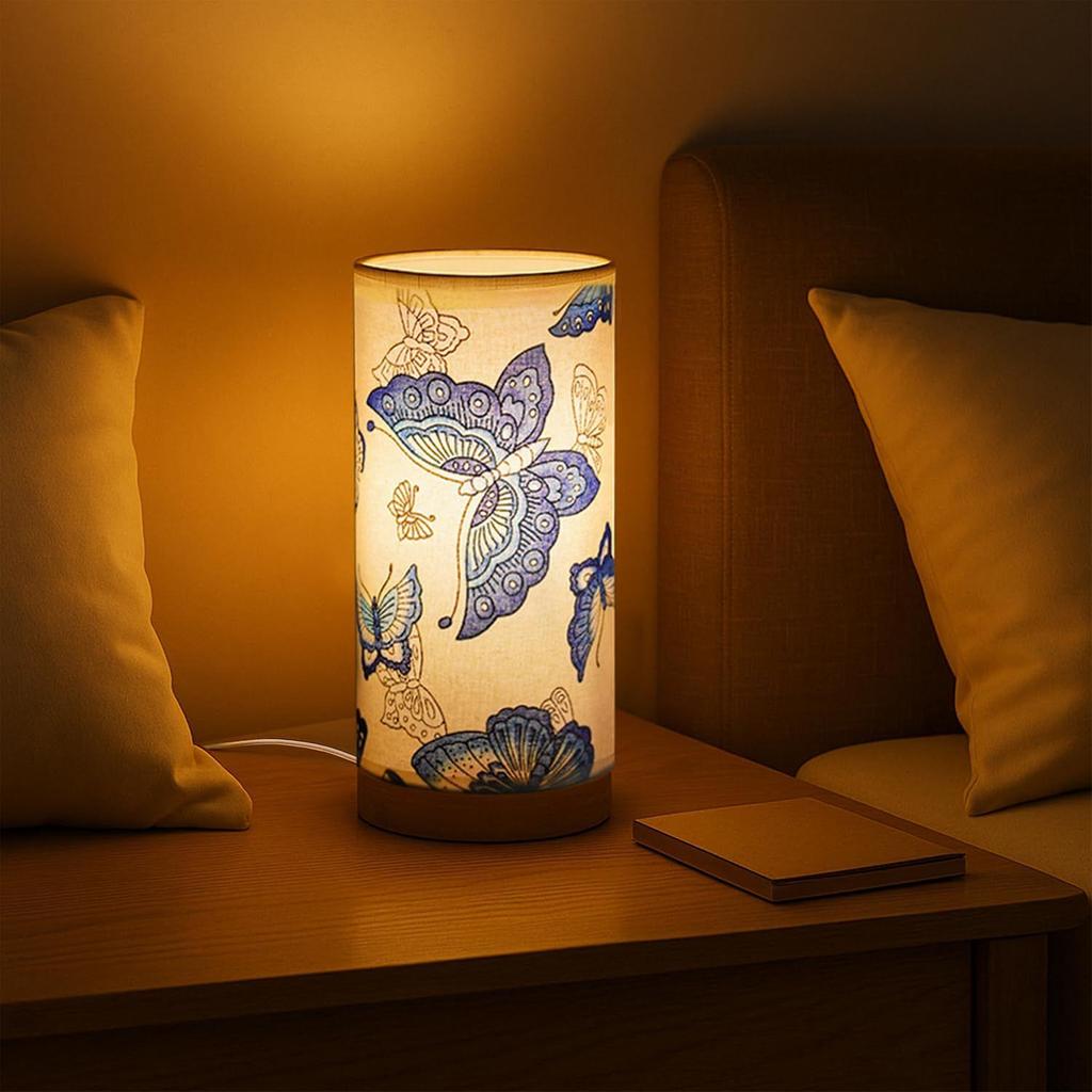 Butterfly Themed Bedside Reading Lamp with Wooden Base for Night, Bed ,Home & Decor- Drum Lamp Shades for Living Room with Light (Bulb Included)