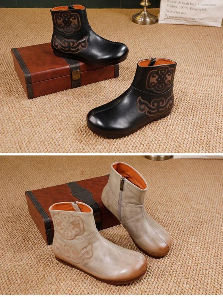 Johnature Genuine Leather Retro Flat Short Boots Side Zipper Soft Cowhide Versatile Women's Shoes