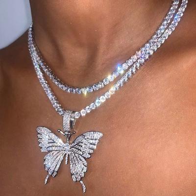 Açıklama Büyük Kelebek Kolye Kolye Kadınlar için Rhinestone Zincir Bling Tenis Zinciri Kristal Gerdanlık Kolye Parti Takı