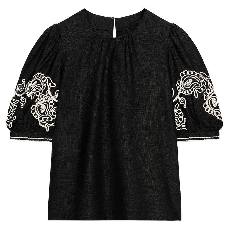 Zaprha 2025 Summer New Western Style Linen Blend round Neck Puffy Short sleeve Embroidery Top 2731105