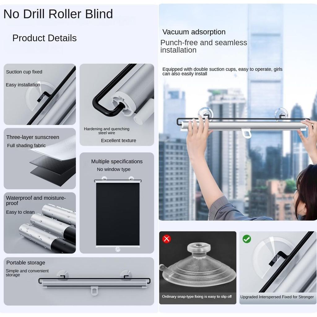 Rulou Fără Găuri pentru & Mașini - Ventuze Autoadezive Parasolare, Rulouri Termice Retractabile cu Blocare UV ( + Negru, 40x60cm)