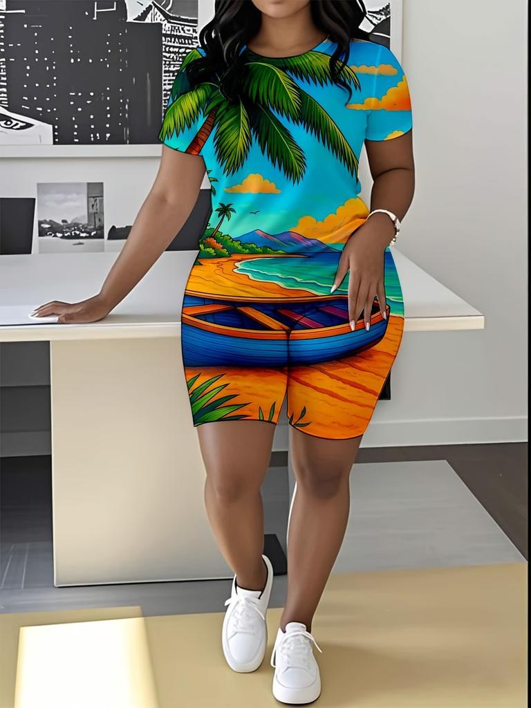 Abstract code European and American women's clothing butterfly printing T-shirt shorts set sports suit