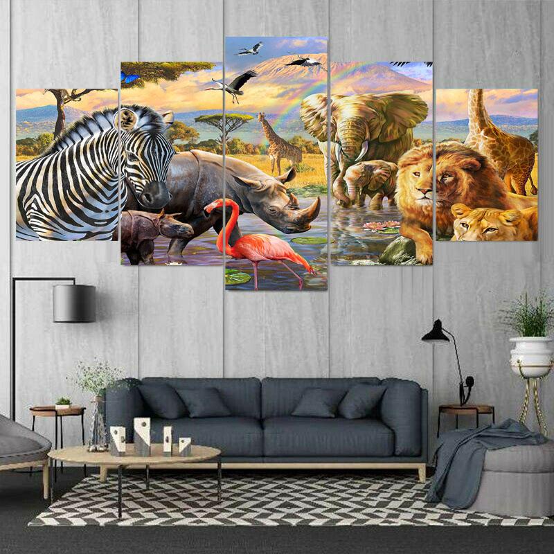 5Panels Tropical Jungle Plant and Animal Landscape Canvas Painting Posters and Prints Wall Art Home Decor for Kids Room No Frame