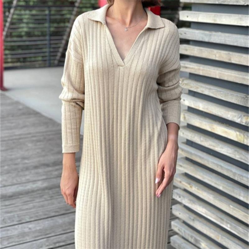 New Pattern Women Autumn Winter Sexy V Neck Long Sleeve Knitted Sweater Dress Long Sleeve Straight Cozy Pullover Slim Dresses
