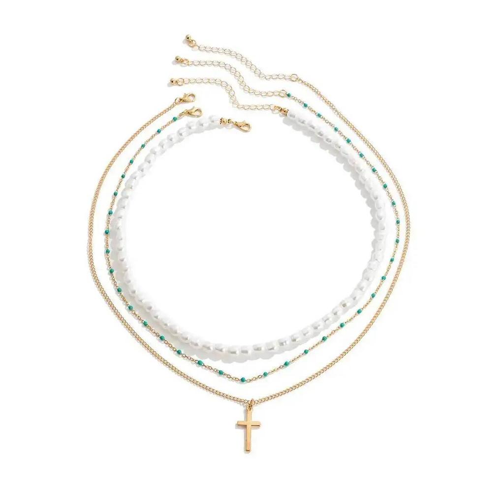 SHIXIN 3Pcs/Set Punk Imitation Pearl Chain Jesus Cross Pendant Necklace for Women Hip Hop Layered Chain New Fashion Jewelry 2026