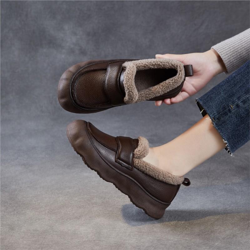 Johnature Genuine Leather Flat Slip-on Cotton Shoes Casual Soft Sole With Plush Warm Women's Loafers