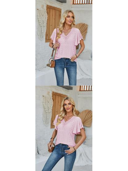 Spring/Summer Women's Lace V-Neck Ruffle Sleeve Loose T-Shirt