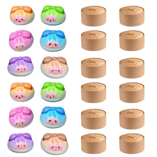 12Pcs Cartoon Bow Dumpling Squeeze Toy with Steamer Box, Slow Rebound Steamed Bun Sensory Toy, Decompression Dough Stress Ball Fidget Toy 12pcs