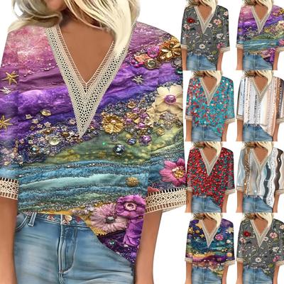 Women's Vintage Print Lace Top With Three-quarter Sleeves Top
