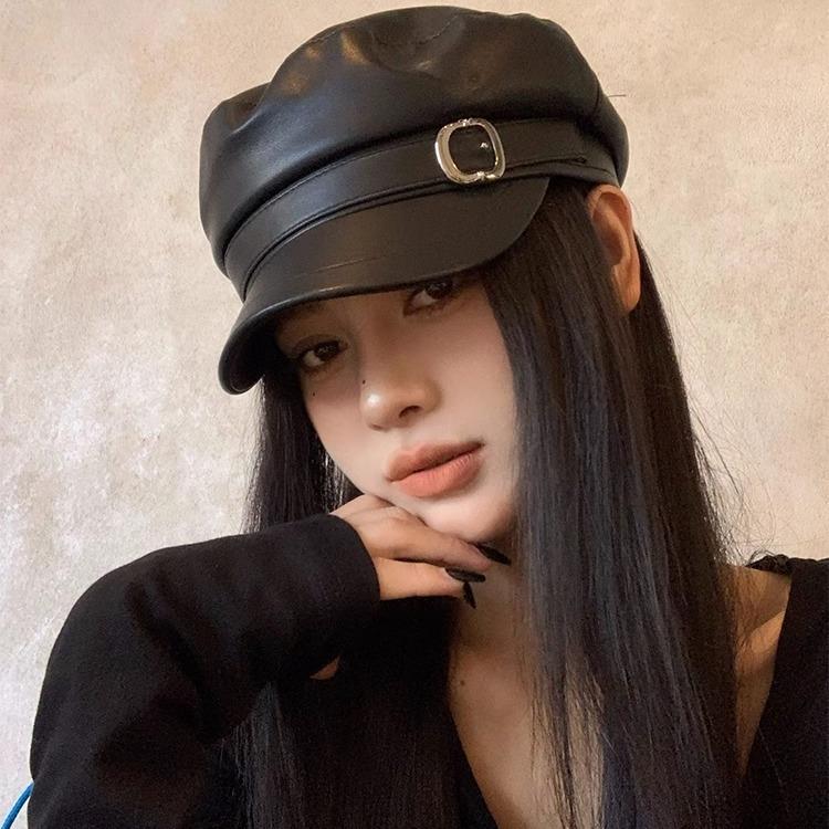 Fashion Women Berets Black Pu Leather Flat Top Newsboy Caps Vintage Sunscreen England Flat Y2k Gils Punk Style Beret Caps