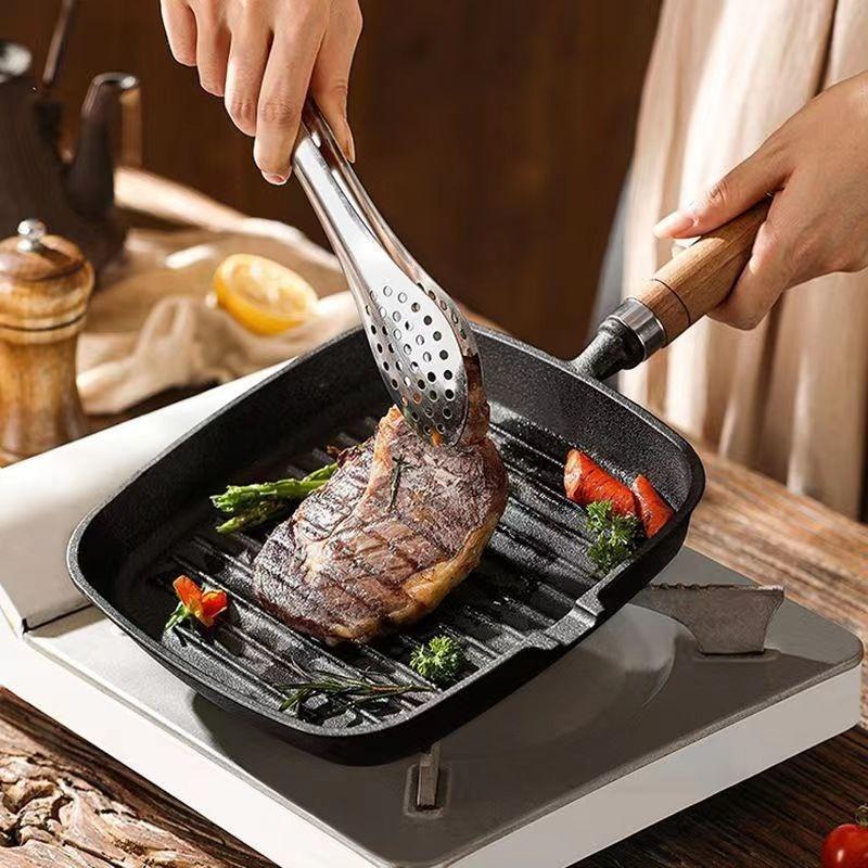 JUSTINLAU Uncoated Cast Iron Striped Steak Skillet Non-Stick Square Frying Pan with Drip Spout for Indoor& Outdoor Grilling Tool