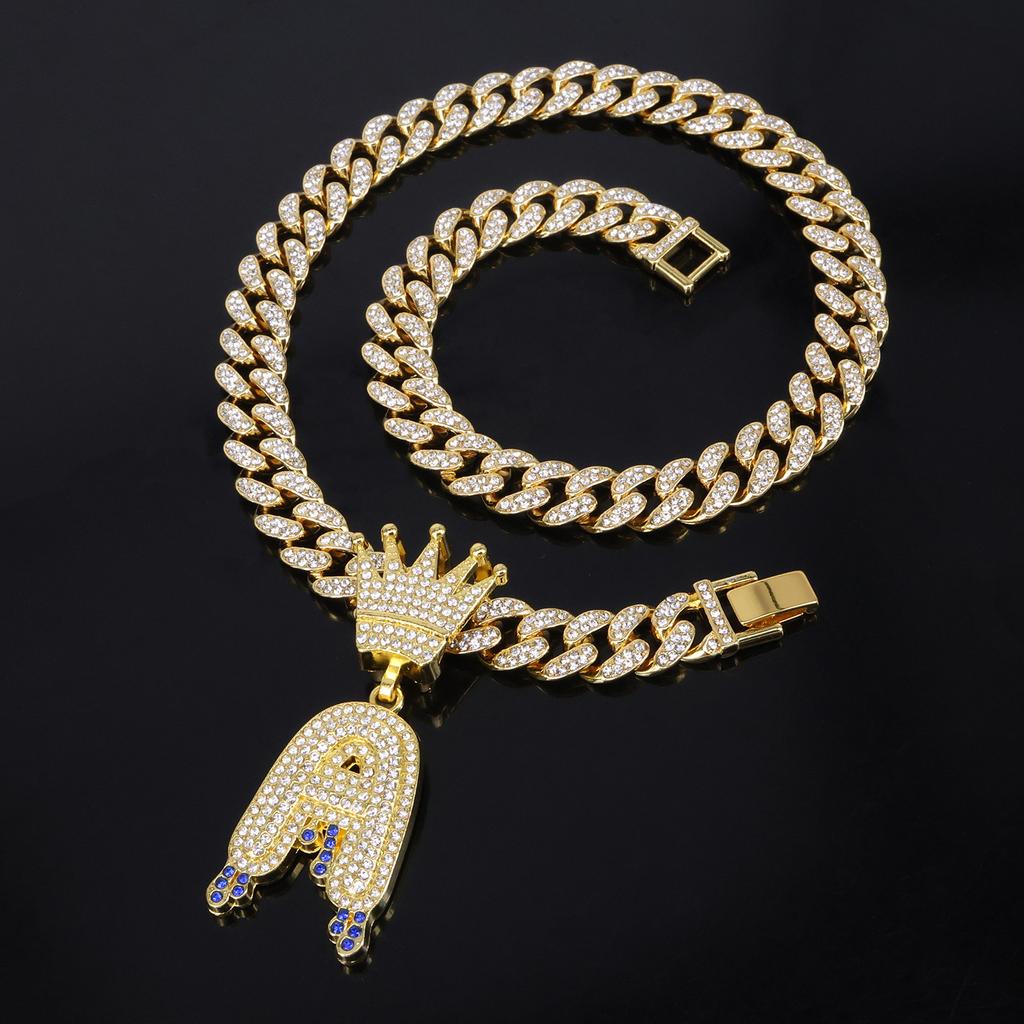 Europe North America Crown Letter A Inlaid Diamond Gold Pendant Necklace Men Cool Personality Street Hip Hop Cuban Chain Jewelry