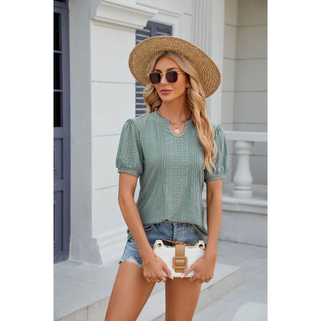 Spring Summer New Women's Solid Color V-neck Striped Loose Short Sleeve T-shirt for Cross-border E-commerce