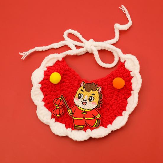 סינר חתול סרוג אדום עבודת יד סינית לראש השנה סינר לחיות מחמד שנת הסוס סינר לכלבים עם רקמה לגורי חתולים כלבים קטנים אביזר חגיגי