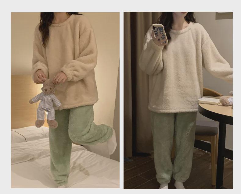 Women's Winter Plush Pajamas Set: Long-Sleeve, Solid Color, Thick Coral Fleece for Home or Outdoor Wear