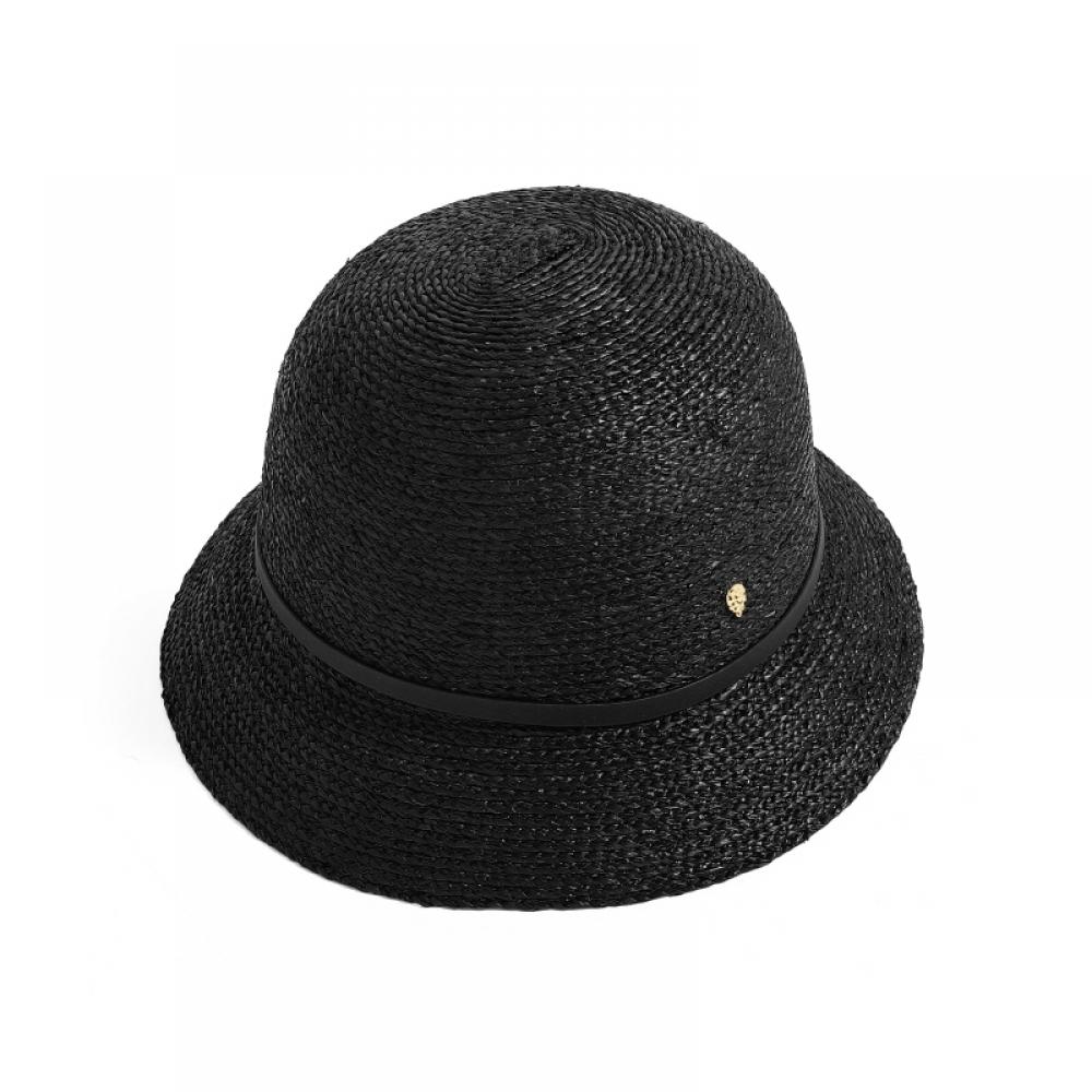 Helen Kaminski Hat50172 Cabk Vesa 6 Charcoal Black Leather Trim Cloche Bucket Hat