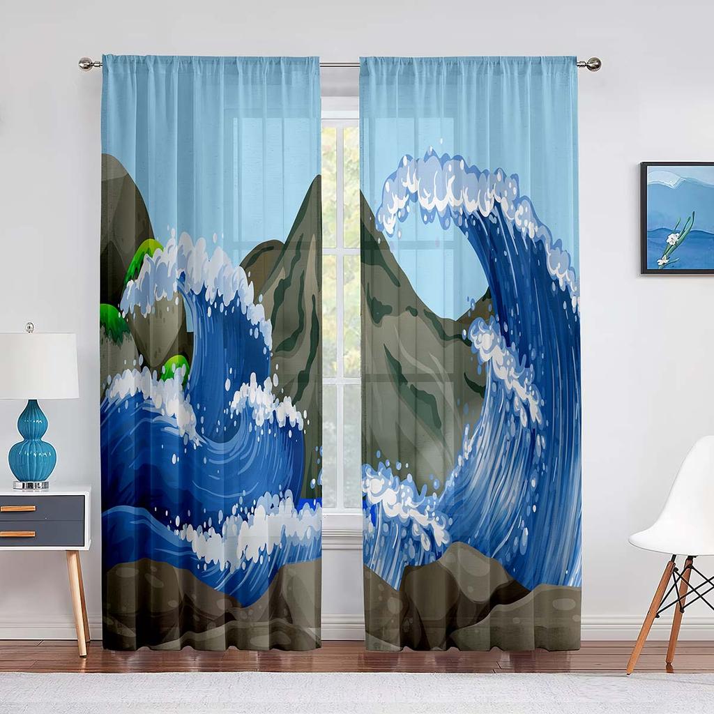 Oriental Culture Hand Drawn Style Japanese Motifs Illustration Wave Tulle Curtains for Living Room Bedroom Sheer Curtain Kitchen