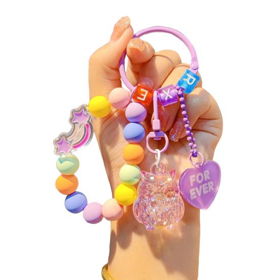 Beaded Phone Wrist Strap with Owl Bag Charm Anti-Lost Keychain Bracelet Lanyard for Cellphone Handbag Keys
