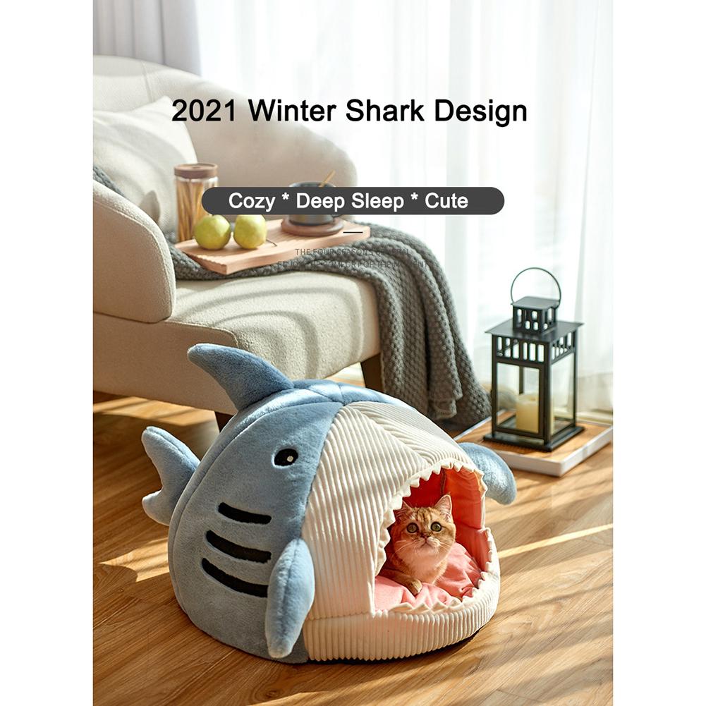Cute Shark Pet Sleeping Bed Hideout House Warm Soft Comfortable Semi-closed Cat Dog Nest Pet Products