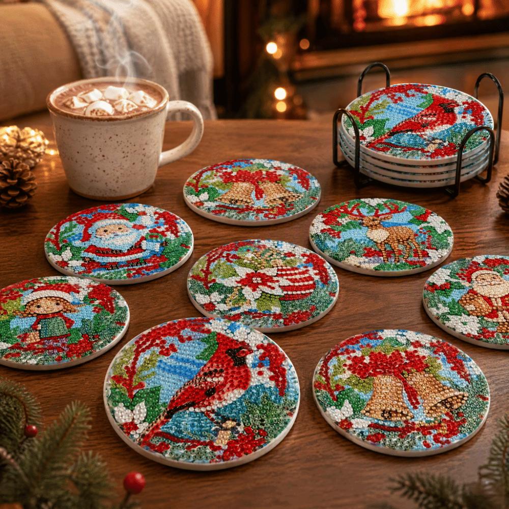 8Pcs with Metal Stand Round Art Coasters Entry-level Coaster Kit DIY Painting Coasters Gift