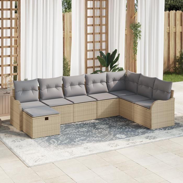 Ensemble de canapé de jardin 8 pièces avec coussins en poly rotin beige, Canapé de jardin 2 places avec coussins en poly 3359029
