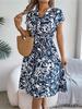 V Neck Printed Button Dress Waist Hugging Elegant Stringy Selvedge Dress for Women Batwing Sleeve Loose Dresses Causal Dress